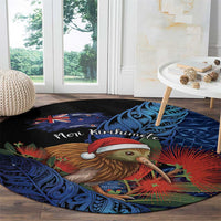 New Zealand Christmas Round Carpet Santa Kiwi Bird With Pohutukawa Flowers DT05 - Polynesian Pride