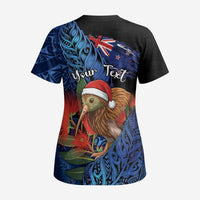 Personalised New Zealand Christmas Scrub Top Santa Kiwi Bird With Pohutukawa Flowers DT05 - Polynesian Pride