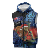 Personalised New Zealand Christmas Sleeveless Zip Hoodie Santa Kiwi Bird With Pohutukawa Flowers DT05 Navy - Polynesian Pride