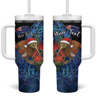 Personalised New Zealand Christmas Tumbler With Handle Santa Kiwi Bird With Pohutukawa Flowers DT05 One Size: 40 oz Navy - Polynesian Pride