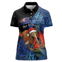 Personalised New Zealand Christmas Women Polo Shirt Santa Kiwi Bird With Pohutukawa Flowers - Polynesian Pride