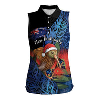 Personalised New Zealand Christmas Women Sleeveless Polo Shirt Santa Kiwi Bird With Pohutukawa Flowers DT05 Female Navy - Polynesian Pride