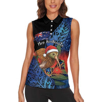 Personalised New Zealand Christmas Women Sleeveless Polo Shirt Santa Kiwi Bird With Pohutukawa Flowers DT05 - Polynesian Pride
