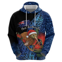 Personalised New Zealand Christmas Zip Hoodie Santa Kiwi Bird With Pohutukawa Flowers DT05 - Polynesian Pride