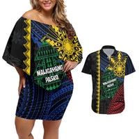Personalised Philippines Christmas Couples Matching Off Shoulder Short Dress and Hawaiian Shirt Xmas Tree Filipino Tribal Patterns DT05 Black - Polynesian Pride