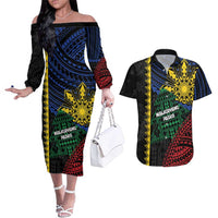 Personalised Philippines Christmas Couples Matching Off The Shoulder Long Sleeve Dress and Hawaiian Shirt Xmas Tree Filipino Tribal Patterns DT05 Black - Polynesian Pride