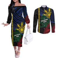 Personalised Philippines Christmas Couples Matching Off The Shoulder Long Sleeve Dress and Long Sleeve Button Shirt Xmas Tree Filipino Tribal Patterns DT05 Black - Polynesian Pride