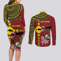 Rotuma Christmas Couples Matching Long Sleeve Bodycon Dress and Long Sleeve Button Shirt Rotuma Myzomela Birds With Hibiscus Flowers DT05 - Polynesian Pride