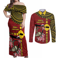 Rotuma Christmas Couples Matching Off Shoulder Maxi Dress and Long Sleeve Button Shirt Rotuma Myzomela Birds With Hibiscus Flowers DT05 Red - Polynesian Pride