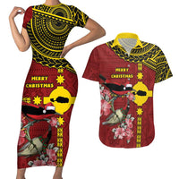 Rotuma Christmas Couples Matching Short Sleeve Bodycon Dress and Hawaiian Shirt Rotuma Myzomela Birds With Hibiscus Flowers DT05 Red - Polynesian Pride