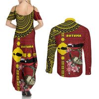 Rotuma Christmas Couples Matching Summer Maxi Dress and Long Sleeve Button Shirt Rotuma Myzomela Birds With Hibiscus Flowers DT05 - Polynesian Pride