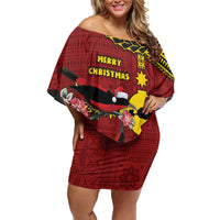 Rotuma Christmas Off Shoulder Short Dress Rotuma Myzomela Birds With Hibiscus Flowers DT05 Women Red - Polynesian Pride