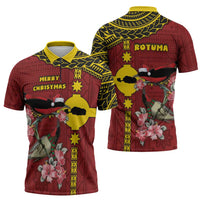 Rotuma Christmas Zipper Polo Shirt Rotuma Myzomela Birds With Hibiscus Flowers DT05 - Polynesian Pride