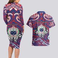 Personalised Samoa Gym Couples Matching Long Sleeve Bodycon Dress and Hawaiian Shirt Muscle Samoan Tribal Waves DT05 - Polynesian Pride