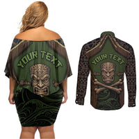 Personalised Hawaii Tiki Pirates Couples Matching Off Shoulder Short Dress and Long Sleeve Button Shirt Kakau Pattern Polynesian Style DT05 - Polynesian Pride