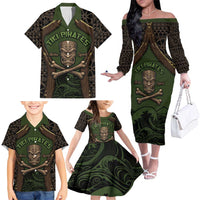 Personalised Hawaii Tiki Pirates Family Matching Off The Shoulder Long Sleeve Dress and Hawaiian Shirt Kakau Pattern Polynesian Style DT05 - Polynesian Pride