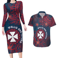 Personalised Wallis And Futuna Couples Matching Long Sleeve Bodycon Dress and Hawaiian Shirt Hibiscus Polynesian Tribal Pattern DT05 Navy - Polynesian Pride