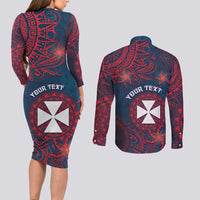 Personalised Wallis And Futuna Couples Matching Long Sleeve Bodycon Dress and Long Sleeve Button Shirt Hibiscus Polynesian Tribal Pattern DT05 - Polynesian Pride