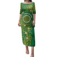Personalised Cook Islands Family Matching Puletasi and Hawaiian Shirt Hibiscus Polynesian Tribal Pattern DT05 Mom's Dress Green - Polynesian Pride