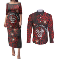 Personalised Easter Island Couples Matching Puletasi and Long Sleeve Button Shirt Hibiscus Polynesian Tribal Pattern