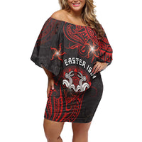 Personalised Easter Island Family Matching Off Shoulder Short Dress and Hawaiian Shirt Hibiscus Polynesian Tribal Pattern DT05 Mom's Dress Black - Polynesian Pride