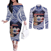 Samoa Christmas Couples Matching Off The Shoulder Long Sleeve Dress and Long Sleeve Button Shirt Samoan Siva Dance With Santa DT05 Navy - Polynesian Pride