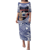 Samoa Christmas Family Matching Puletasi and Hawaiian Shirt Samoan Siva Dance With Santa DT05 Mom's Dress Navy - Polynesian Pride