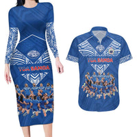 Toa Samoa Couples Matching Long Sleeve Bodycon Dress and Hawaiian Shirt Samoan Warrior Spirit Rugby DT05 Blue - Polynesian Pride