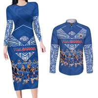 Toa Samoa Couples Matching Long Sleeve Bodycon Dress and Long Sleeve Button Shirt Samoan Warrior Spirit Rugby DT05 Blue - Polynesian Pride
