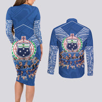 Toa Samoa Couples Matching Long Sleeve Bodycon Dress and Long Sleeve Button Shirt Samoan Warrior Spirit Rugby DT05 - Polynesian Pride