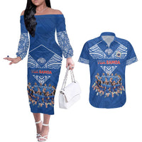 Toa Samoa Couples Matching Off The Shoulder Long Sleeve Dress and Hawaiian Shirt Samoan Warrior Spirit Rugby DT05 Blue - Polynesian Pride