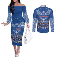Toa Samoa Couples Matching Off The Shoulder Long Sleeve Dress and Long Sleeve Button Shirt Samoan Warrior Spirit Rugby DT05 Blue - Polynesian Pride