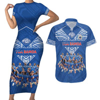 Toa Samoa Couples Matching Short Sleeve Bodycon Dress and Hawaiian Shirt Samoan Warrior Spirit Rugby DT05 Blue - Polynesian Pride