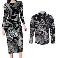 Personalised Maori Romantic Valentine Couples Matching Long Sleeve Bodycon Dress and Long Sleeve Button Shirt The Hongi Kiss Black Galaxy DT05 Black - Polynesian Pride