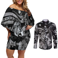 Personalised Maori Romantic Valentine Couples Matching Off Shoulder Short Dress and Long Sleeve Button Shirt The Hongi Kiss Black Galaxy DT05 Black - Polynesian Pride