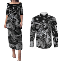 Personalised Maori Romantic Valentine Couples Matching Puletasi and Long Sleeve Button Shirt The Hongi Kiss Black Galaxy DT05 Black - Polynesian Pride