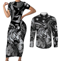 Personalised Maori Romantic Valentine Couples Matching Short Sleeve Bodycon Dress and Long Sleeve Button Shirt The Hongi Kiss Black Galaxy DT05 Black - Polynesian Pride