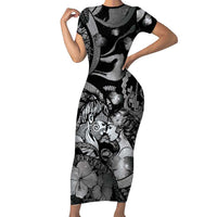 Personalised Maori Romantic Valentine Short Sleeve Bodycon Dress The Hongi Kiss Black Galaxy DT05 Long Dress Black - Polynesian Pride
