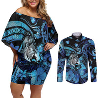 Personalised Maori Romantic Valentine Couples Matching Off Shoulder Short Dress and Long Sleeve Button Shirt The Hongi Kiss Blue Galaxy DT05 Blue - Polynesian Pride
