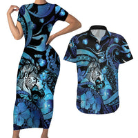 Personalised Maori Romantic Valentine Couples Matching Short Sleeve Bodycon Dress and Hawaiian Shirt The Hongi Kiss Blue Galaxy DT05 Blue - Polynesian Pride