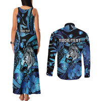 Personalised Maori Romantic Valentine Couples Matching Tank Maxi Dress and Long Sleeve Button Shirt The Hongi Kiss Blue Galaxy DT05 - Polynesian Pride