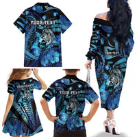 Personalised Maori Romantic Valentine Family Matching Off The Shoulder Long Sleeve Dress and Hawaiian Shirt The Hongi Kiss Blue Galaxy DT05 - Polynesian Pride