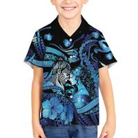 Personalised Maori Romantic Valentine Family Matching Off Shoulder Short Dress and Hawaiian Shirt The Hongi Kiss Blue Galaxy DT05 Son's Shirt Blue - Polynesian Pride