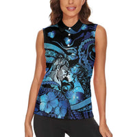 Personalised Maori Romantic Valentine Women Sleeveless Polo Shirt The Hongi Kiss Blue Galaxy DT05 - Polynesian Pride