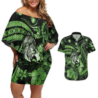 Personalised Maori Romantic Valentine Couples Matching Off Shoulder Short Dress and Hawaiian Shirt The Hongi Kiss Green Galaxy DT05 Green - Polynesian Pride