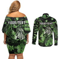 Personalised Maori Romantic Valentine Couples Matching Off Shoulder Short Dress and Long Sleeve Button Shirt The Hongi Kiss Green Galaxy DT05 - Polynesian Pride