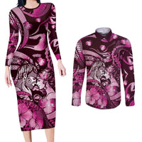 Personalised Maori Romantic Valentine Couples Matching Long Sleeve Bodycon Dress and Long Sleeve Button Shirt The Hongi Kiss Pink Galaxy DT05 Pink - Polynesian Pride