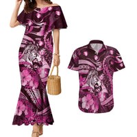 Personalised Maori Romantic Valentine Couples Matching Mermaid Dress and Hawaiian Shirt The Hongi Kiss Pink Galaxy DT05 Pink - Polynesian Pride