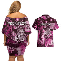 Personalised Maori Romantic Valentine Couples Matching Off Shoulder Short Dress and Hawaiian Shirt The Hongi Kiss Pink Galaxy DT05 - Polynesian Pride