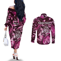 Personalised Maori Romantic Valentine Couples Matching Off The Shoulder Long Sleeve Dress and Long Sleeve Button Shirt The Hongi Kiss Pink Galaxy DT05 - Polynesian Pride